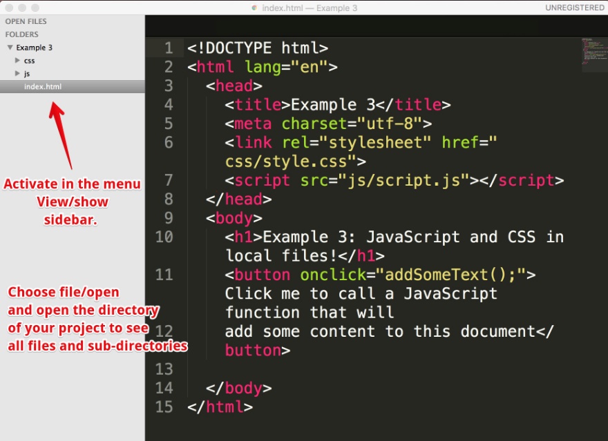 Snapshot of Sublime Text editing an html/css/js project.