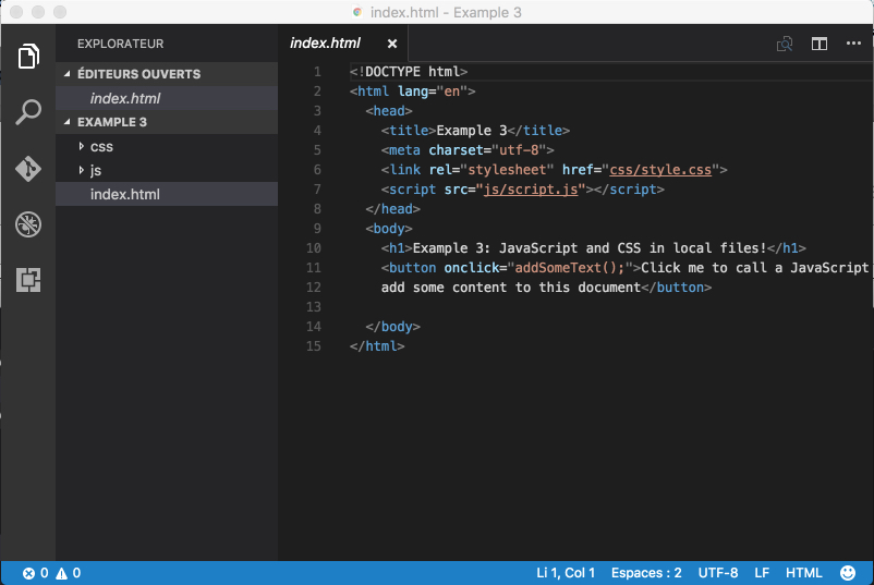 Snapshot of Visual Studio code editing an html/css/js project.