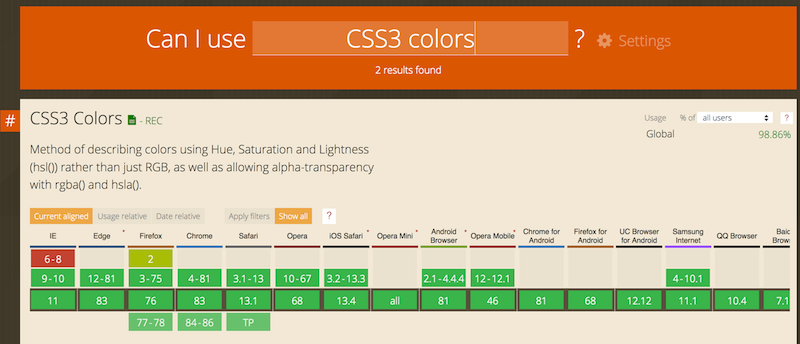 Example of a CanIUse browser support table (using CSS3) colors.