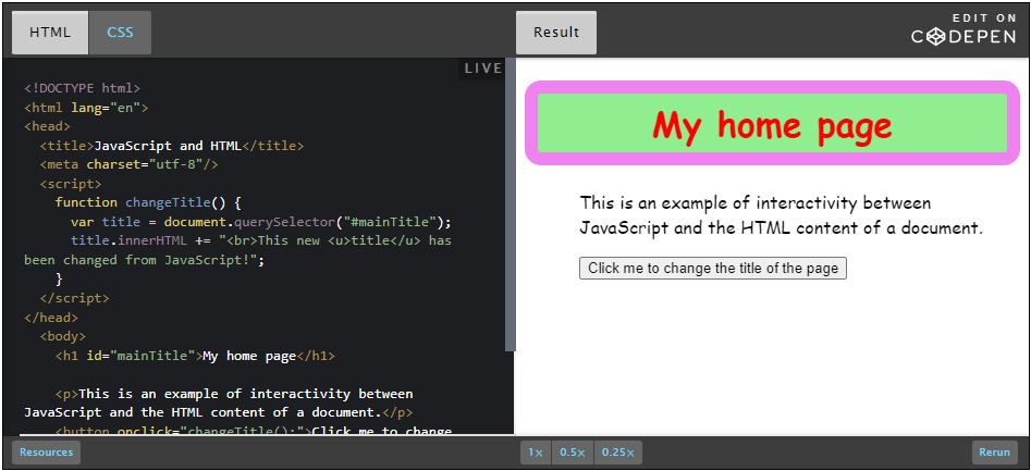 Example: index.html: update heading using JavaScript.