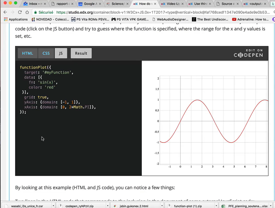 Example functionPlot; myFunction of sin(x) in red with x axis of 2 times 
    pi and y axis of minus 1 to 1.