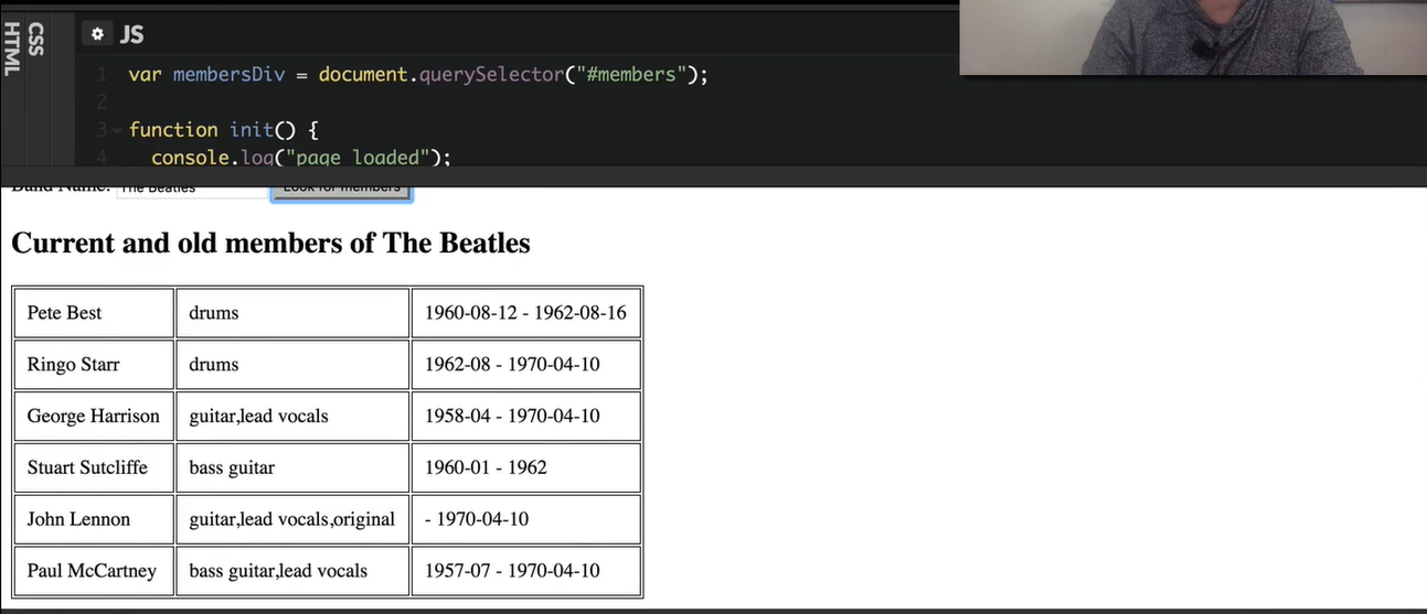 Example table lookup for members (old and newer) of the Beatles.