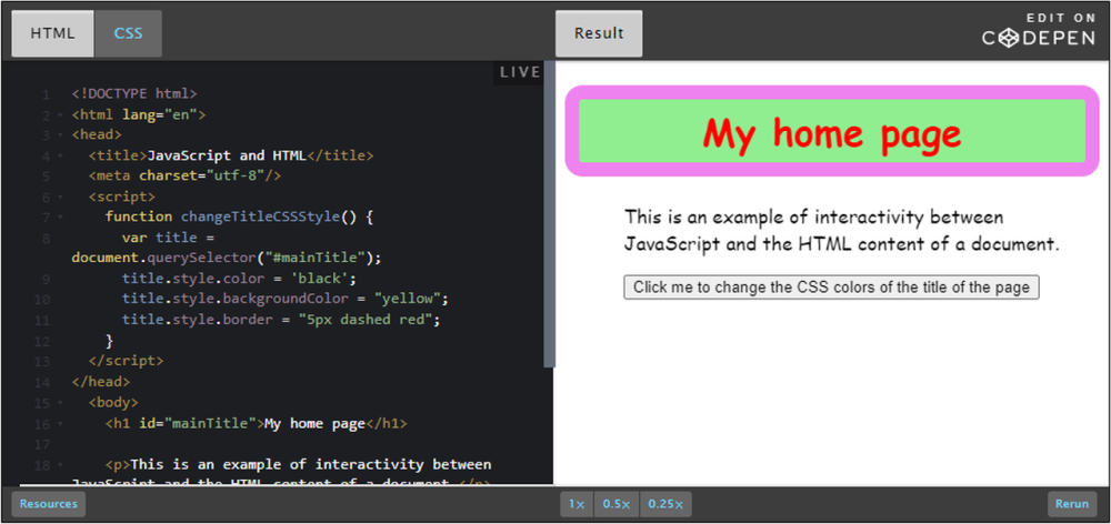 CodePen: example of interactivity between javascript & html.