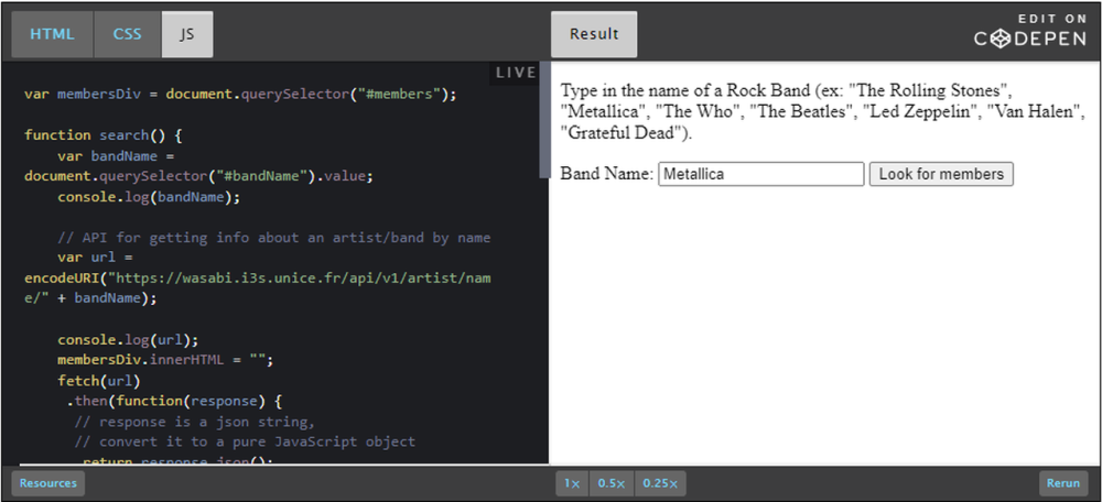 CodePen: example database lookup band members.