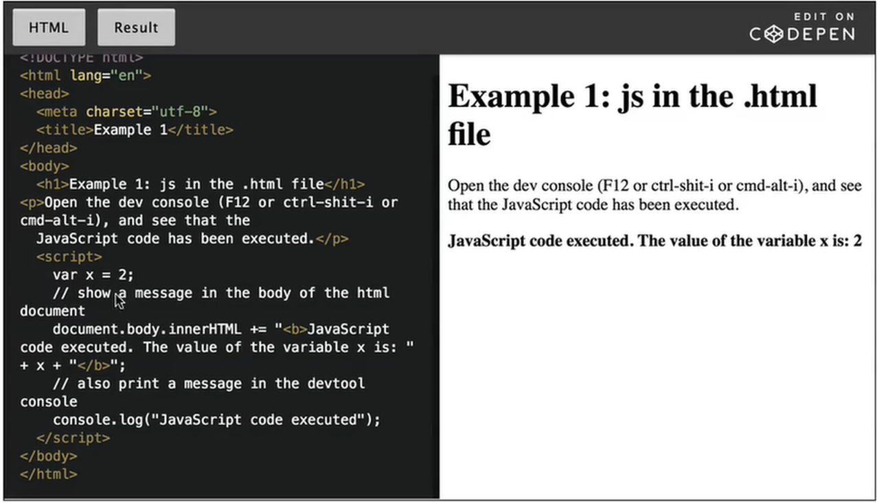 CodePen: example 1; JavaScript in the HTML file.