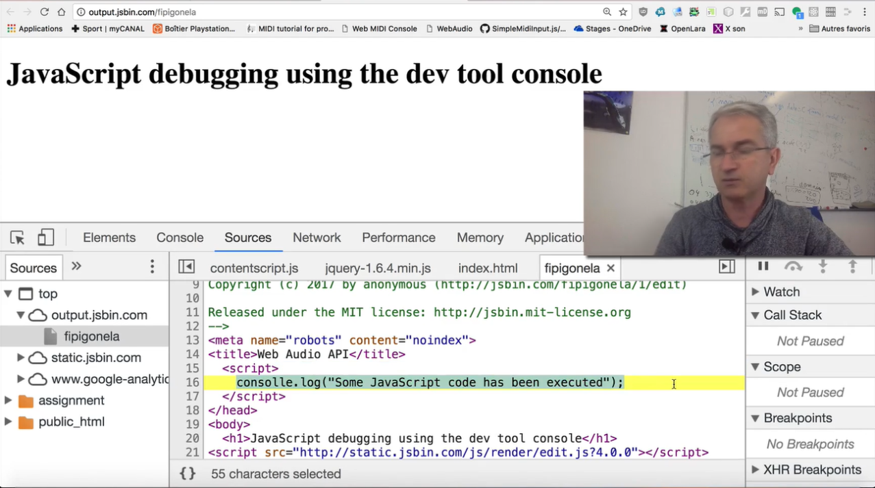 JavaScript debugging using the devtools console.