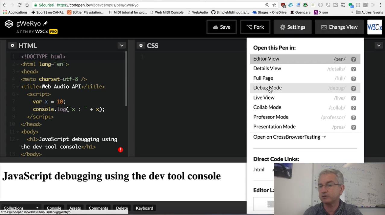 CodePen; Debug Mode.