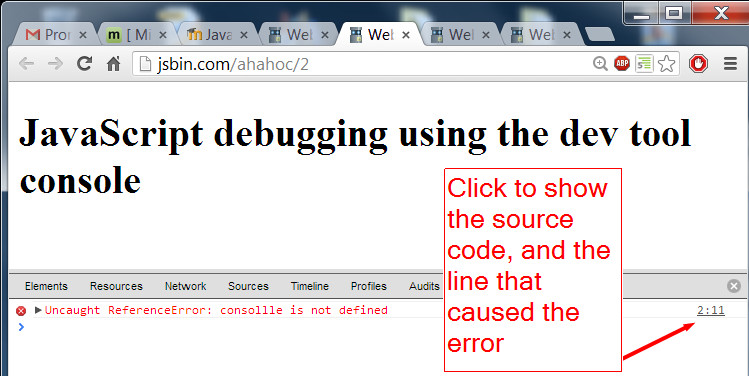 View of the JavaScript console (showing the line that caused the error.