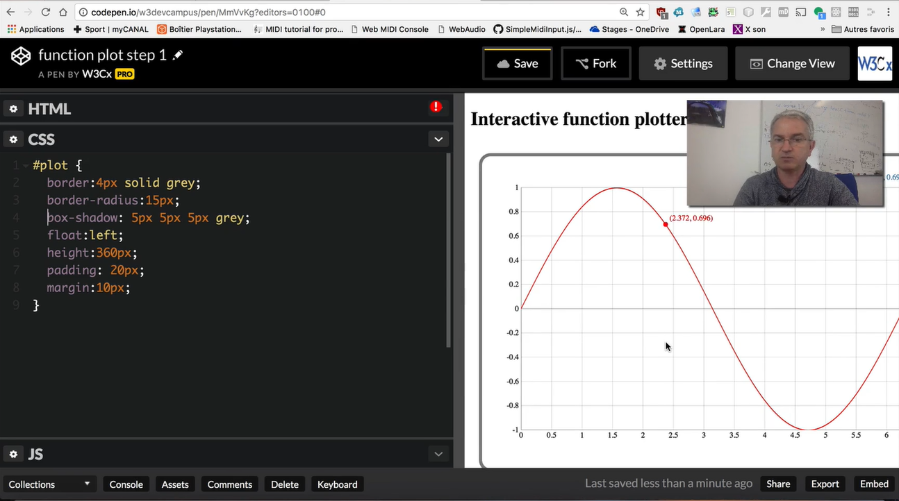 CodePen: plot sin(x) color red.