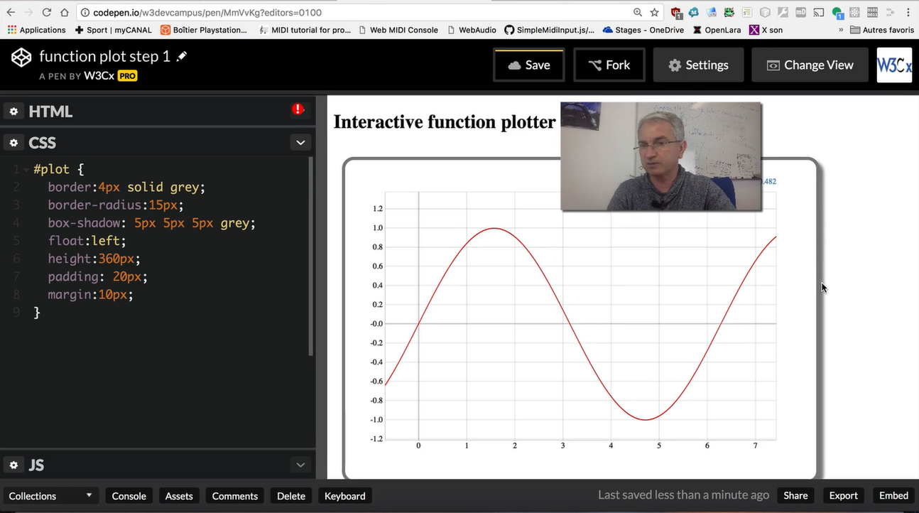 CodePen: plot cosin(x) color red.