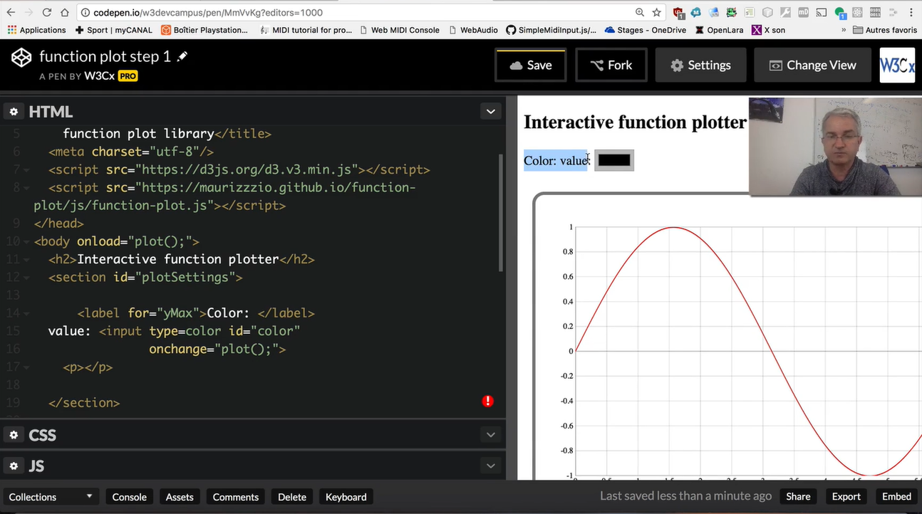 Add section id='plotSettings' and input type=color id='color' onchange='plot();'.