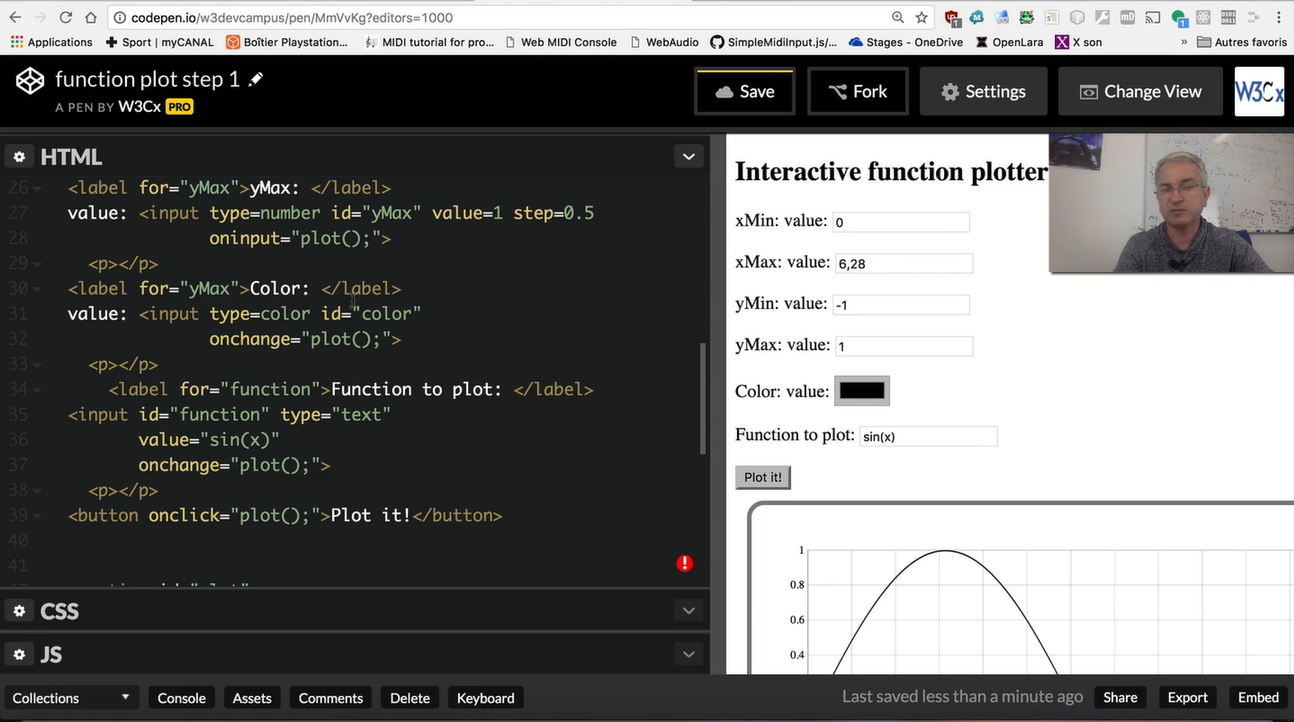 HTML; define labels xMin/xMax and yMin/yMax, color, and function to plot.