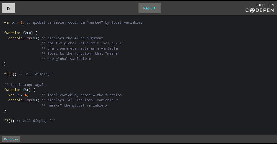 CodePen: example variables; global and local.