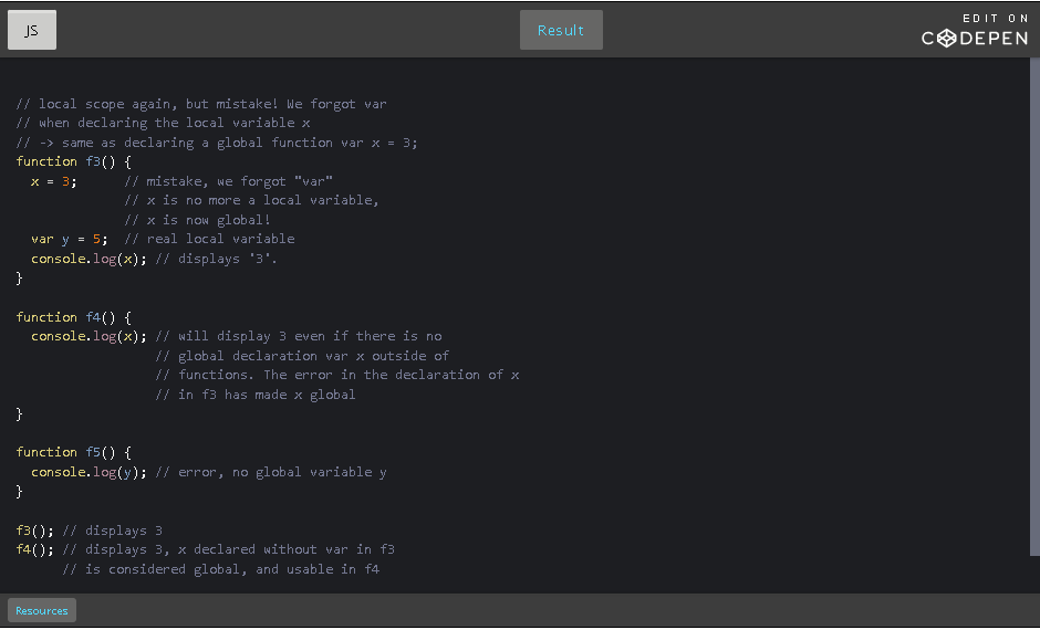 CodePen: Local and global variable scoping.