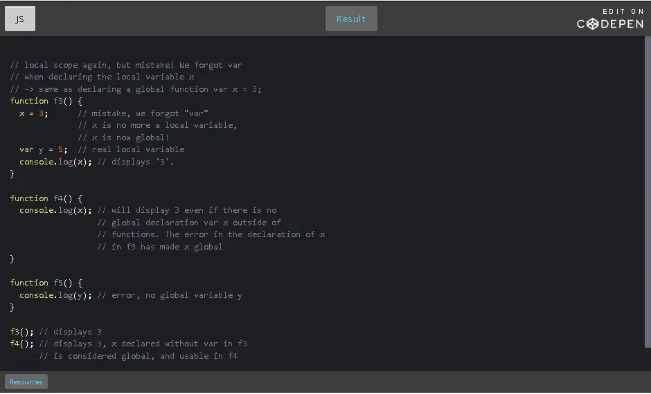 CodePen: Local and global variable scoping.