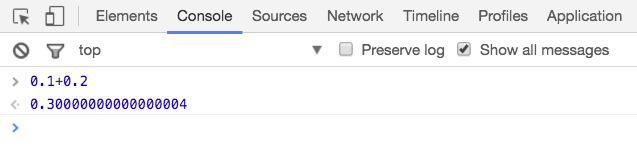 Devtools console showing 0.1 + 0.2 is not equal to 0.3 but to 0.300000000000004.