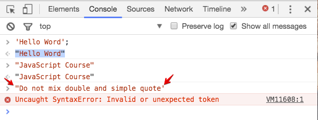 Error; devtools console error; do not mix single and double quotes.