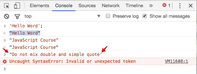 Error; devtools console error; do not mix single and double quotes.