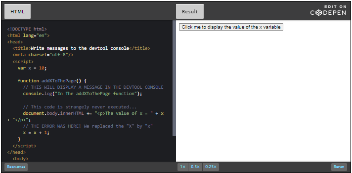 CodePen; Write messages to the devtool console.