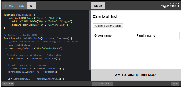 CodePen: Contact list.