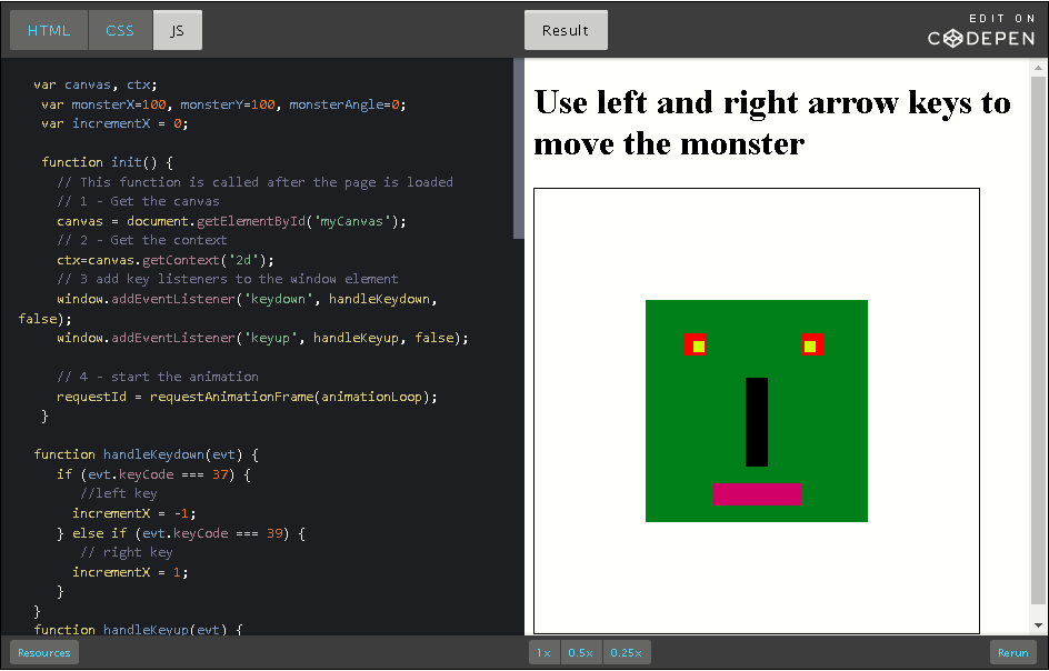 Move a monster in an HTML5 canvas.