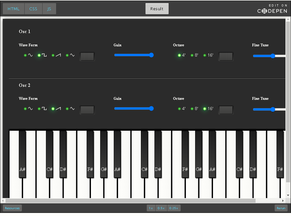 CodePen; Using the WebAudio API to build a small sythesizer.