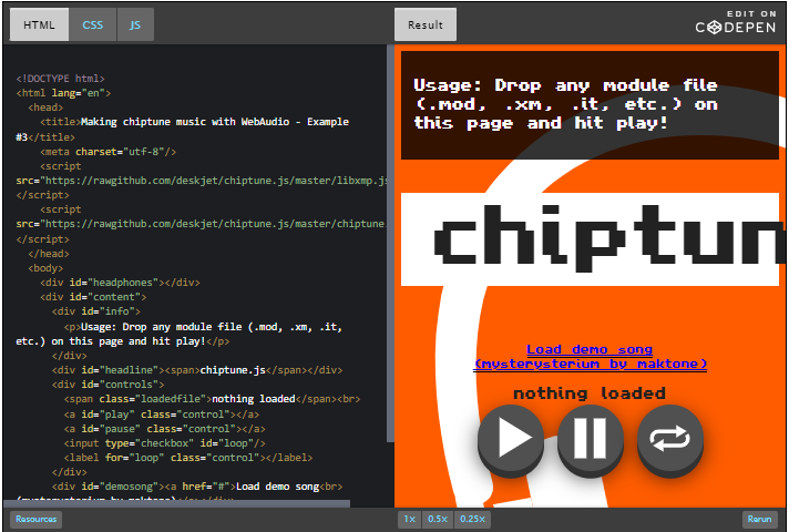 CodePen; Chiptune music with WebAudio.