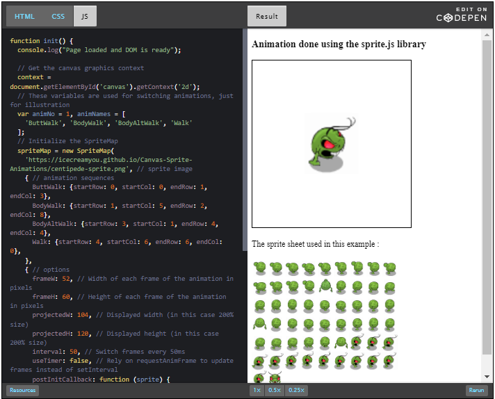 CodePen; Animate a green sprite.