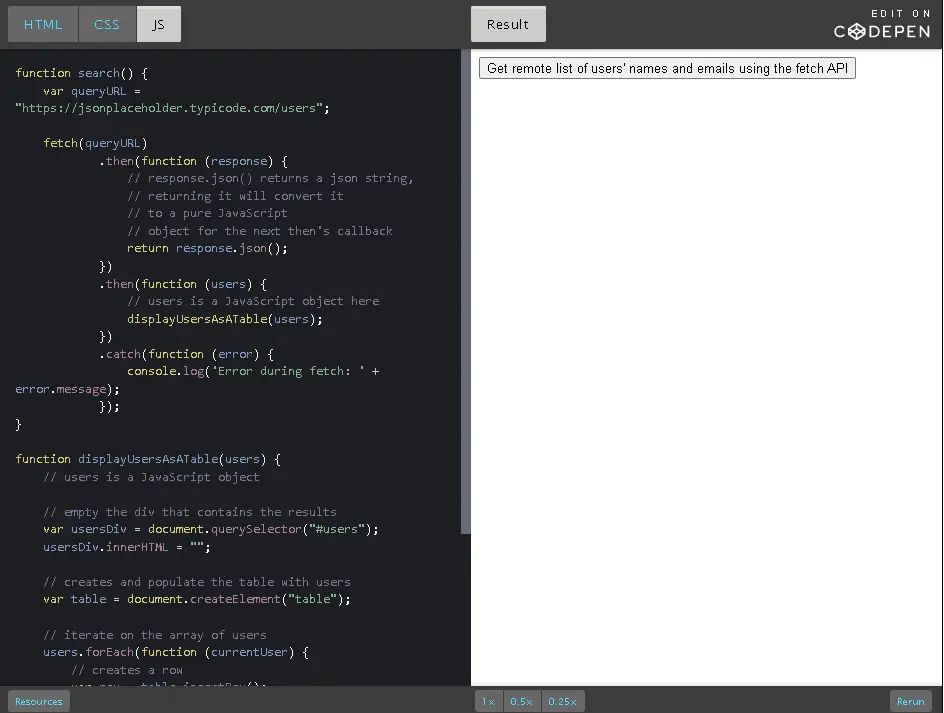 CodePen: Use remote structured data.