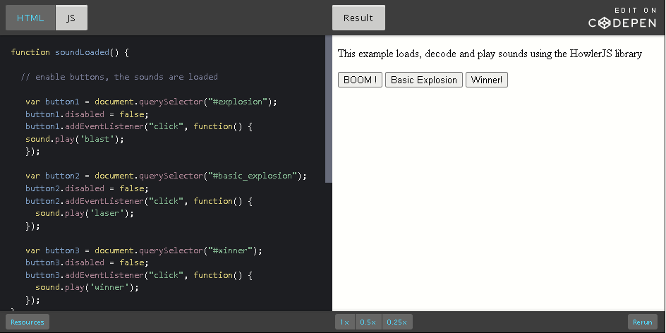 CodePen: Load and decode remote sounds for use in a video game.