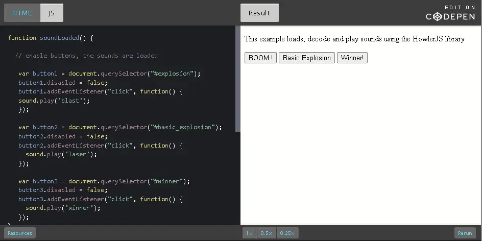 CodePen: Load and decode remote sounds for use in a video game.