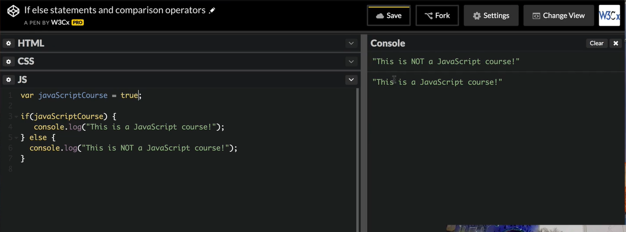 CodePen; This is a JavaScript course.