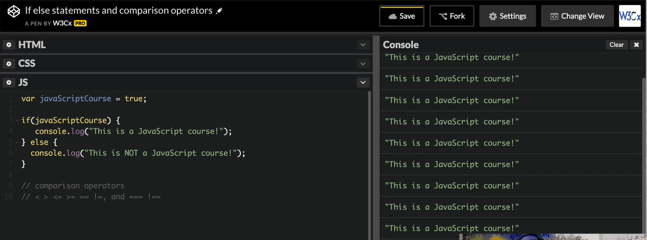 CodePen; Comparison operators.