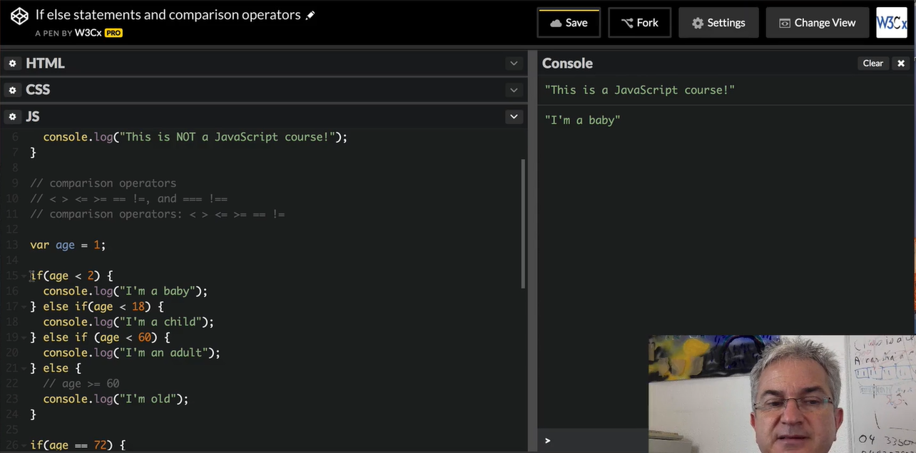 CodePen; Comparison operators; baby, child, adult or old.