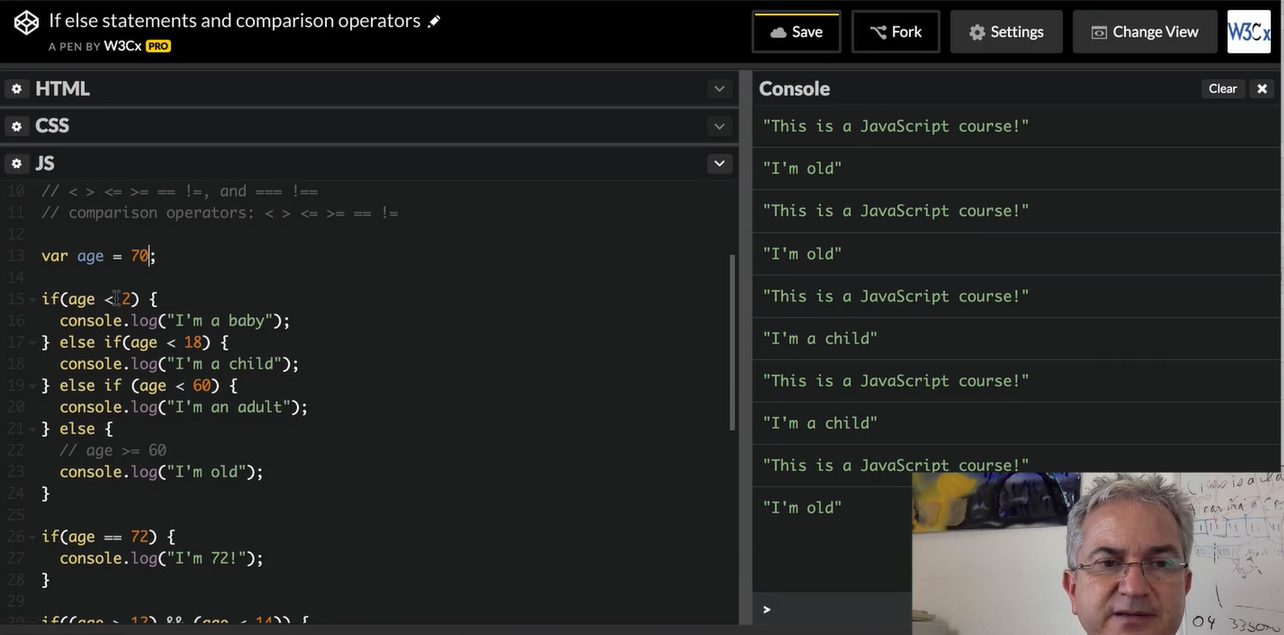 CodePen; Comparison operators; baby, child, adult or old.