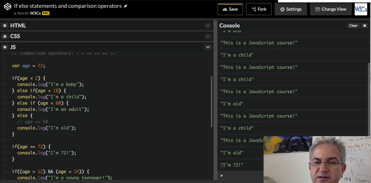 CodePen; Comparison operators; baby, child, adult or old.