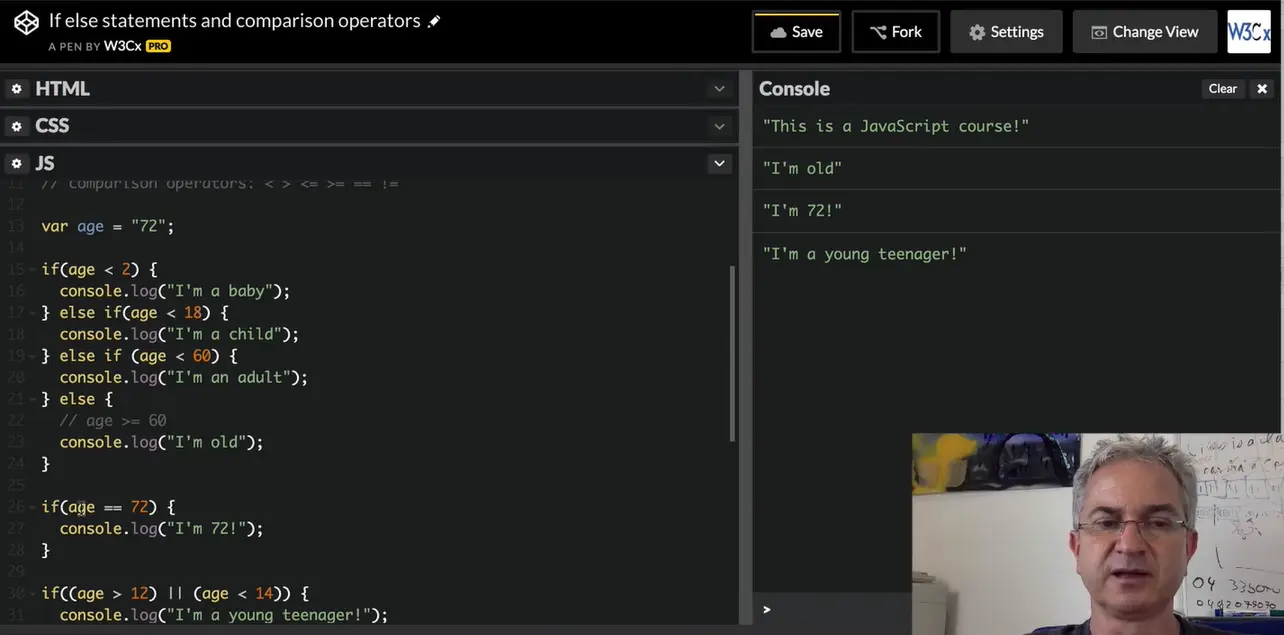 CodePen; example using triple equal sign (===).