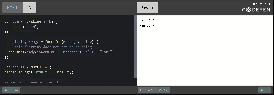 CodePen: sum and displayInPage.