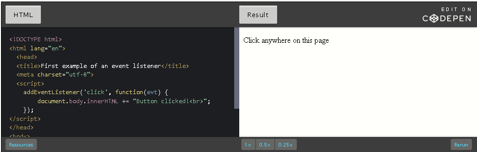 CodePen: addEventListener function.