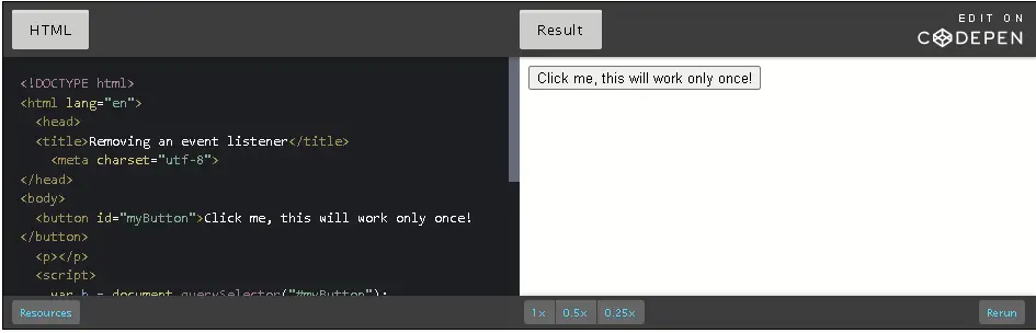 CodePen: add and remove event listeners.