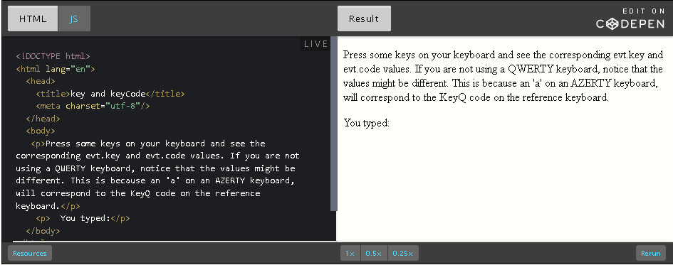 CodePen: display key and code values.