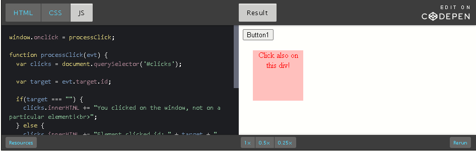 CodePen: detect a click on an element.