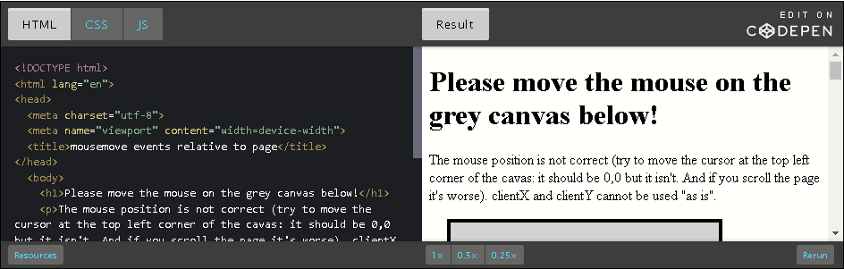 CodePen: detect mouse movement & position relative to fired event.