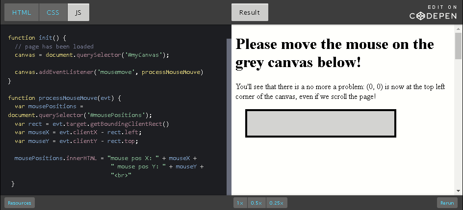 CodePen: get position relative to top left corner of canvas.