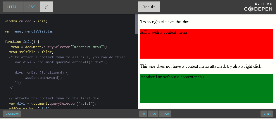 CodePen: create and attach a right-click context menu to element.