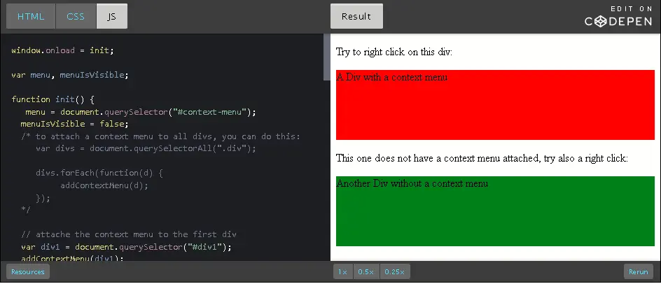 CodePen: create and attach a right-click context menu to element.