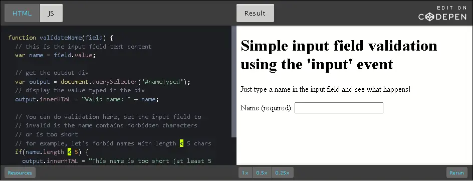 CodePen: simple input field validation.