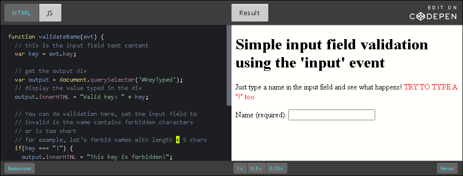 CodePen: using the 'keyup' event.