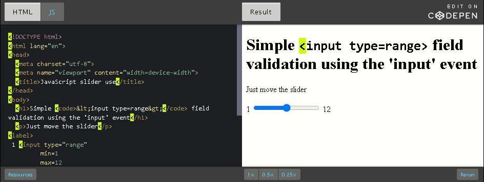 CodePen: do something while a slider is being moved.