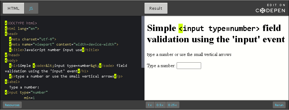 CodePen: detect value changes in a number field.